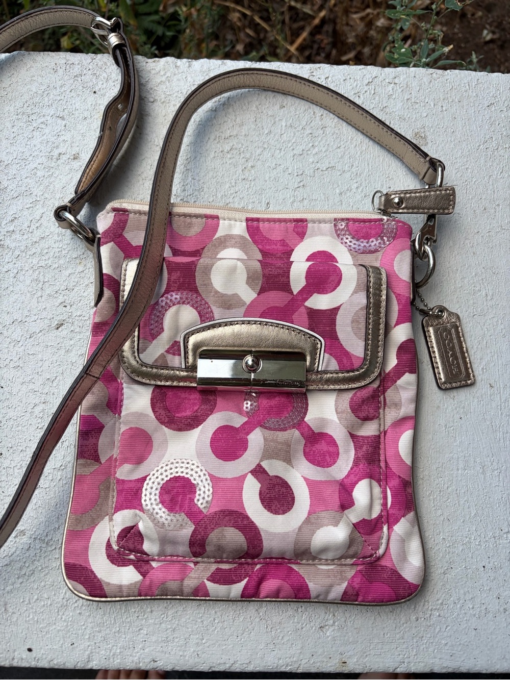 Coach Pink and Metallic Circle-Print Crossbody Bag